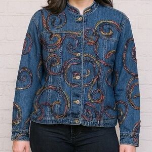 Chico's Women’s Multicolor Artisan Ribbon Embroidered Denim Jean Jacket. Size 3.
